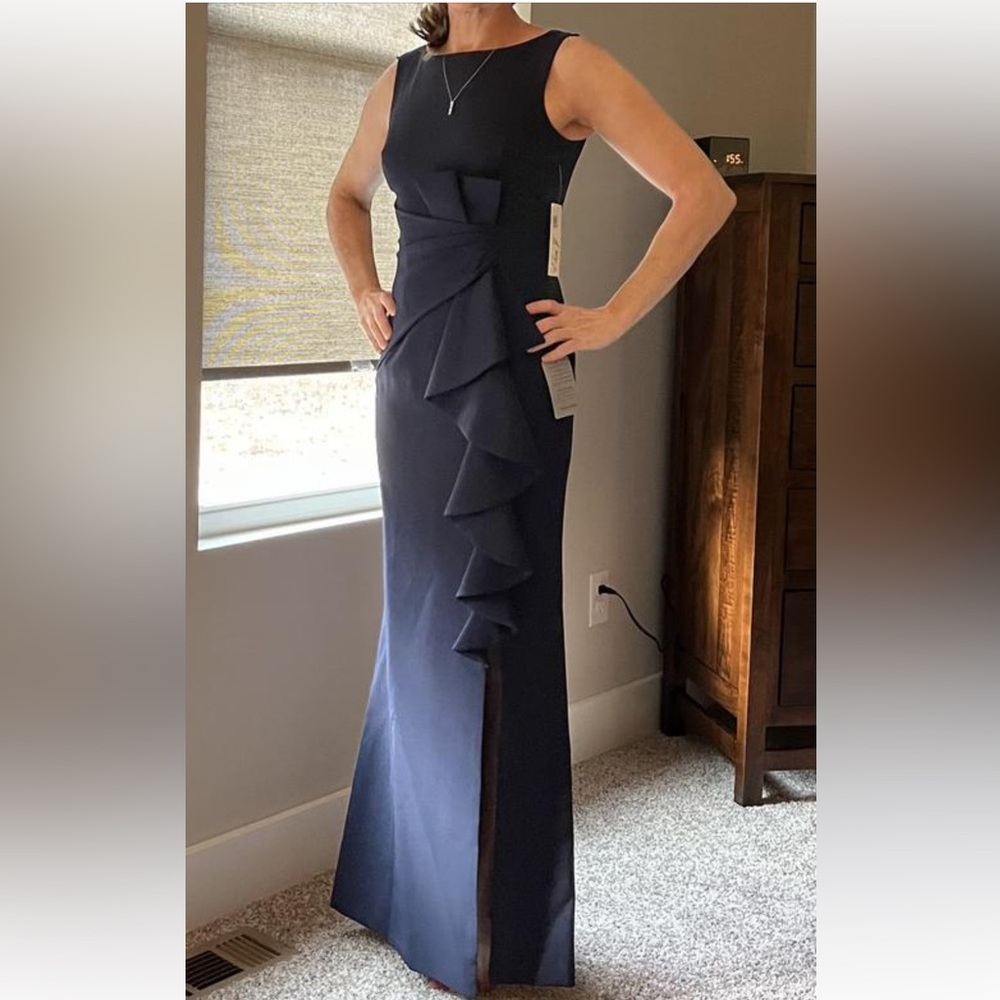 Eliza J Nordstrom Ruffle Front Gown Womens Size 6 Navy Blue Sleeveless - Picture 11 of 12